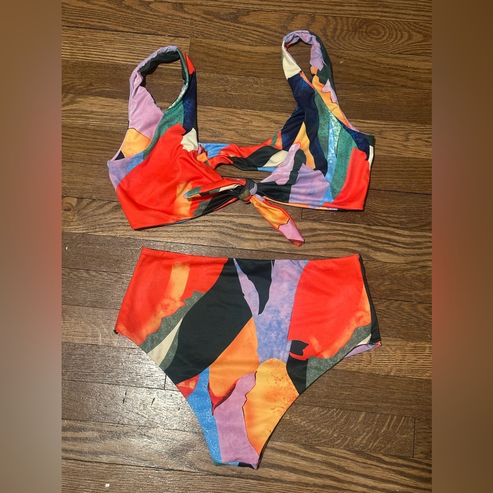 Multi-colored high-waisted bikini, size large